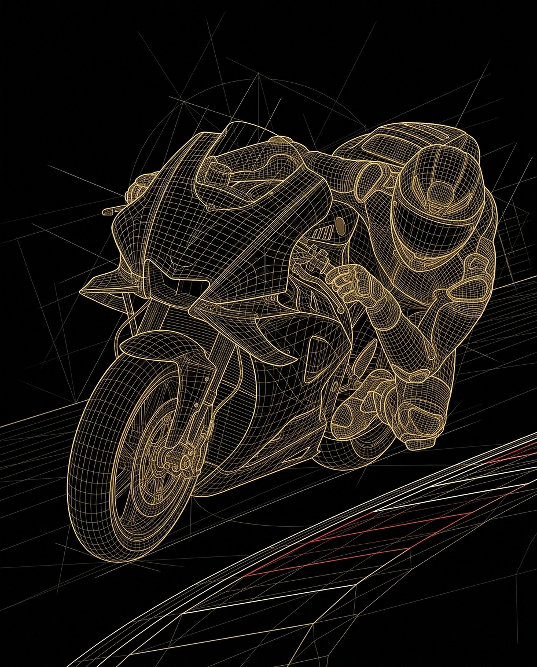 Gold wireframe sketch of a rider at full lean, shoulder on the asphalt