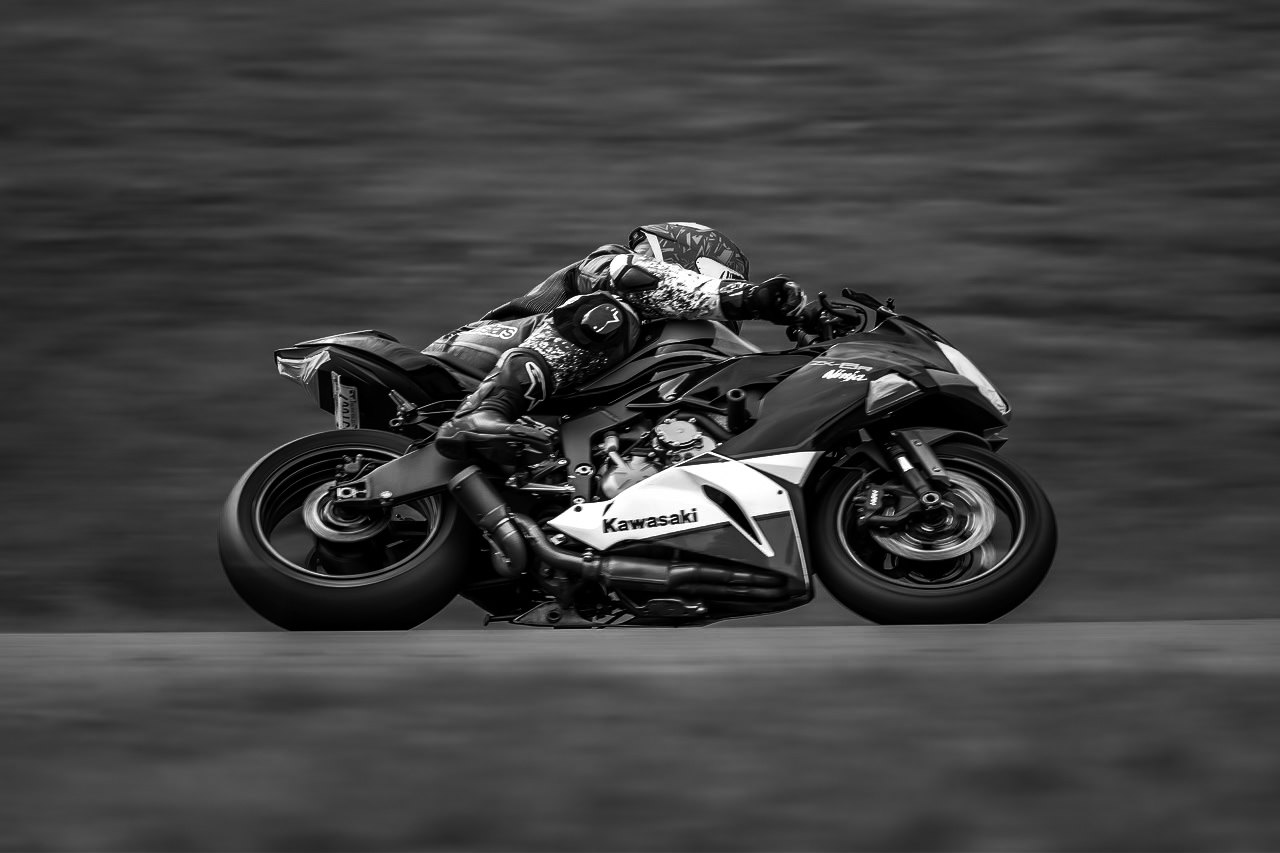 Kawasaki Ninja panned at speed, in black and white