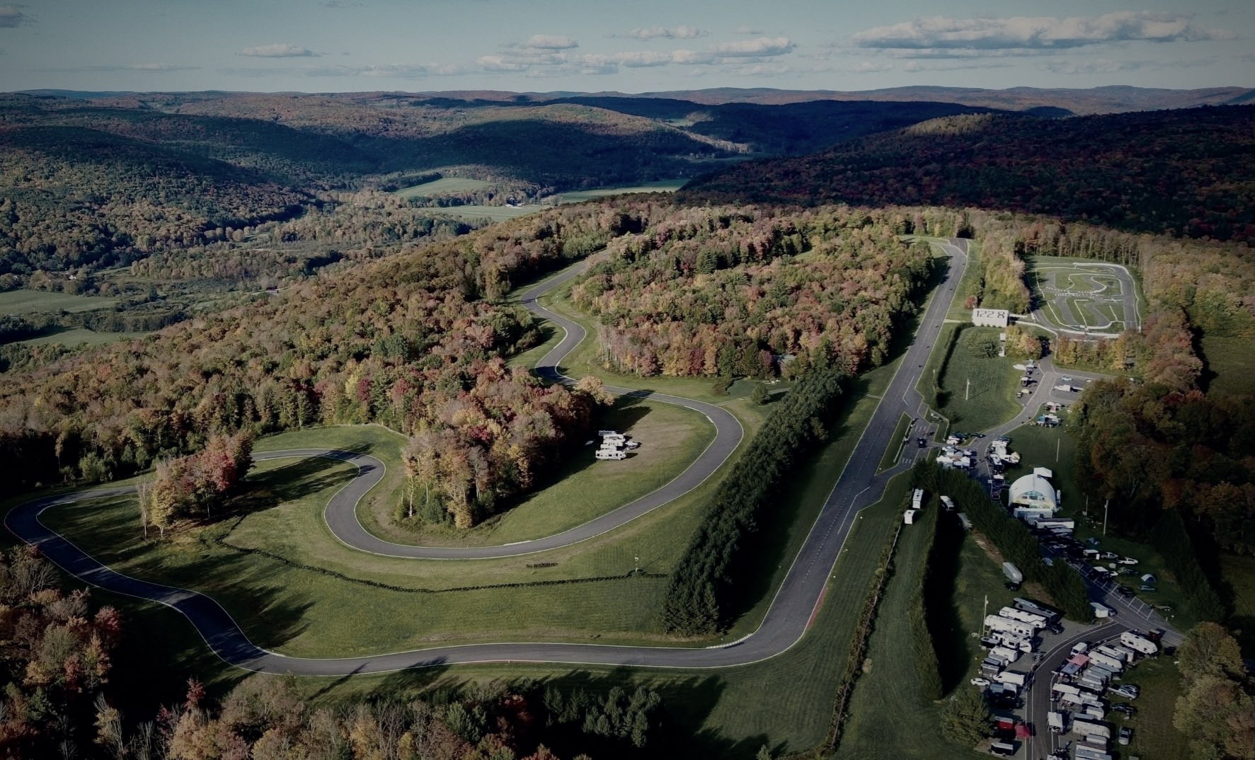 Aerial view of NY Raceport on a Catskills hilltop in fall